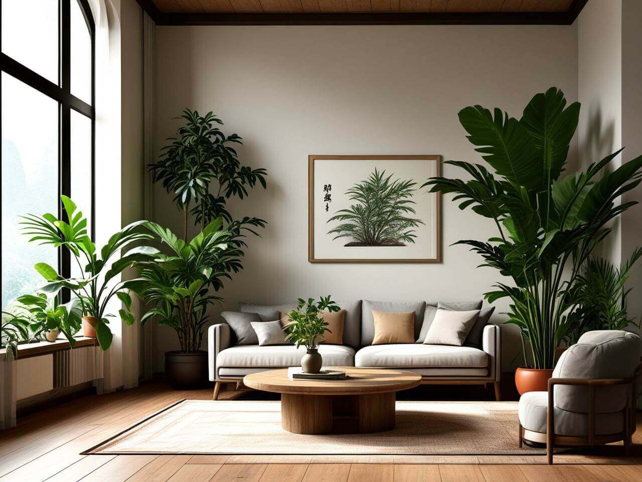 Indoor feng shui plants placed in a bright living space
